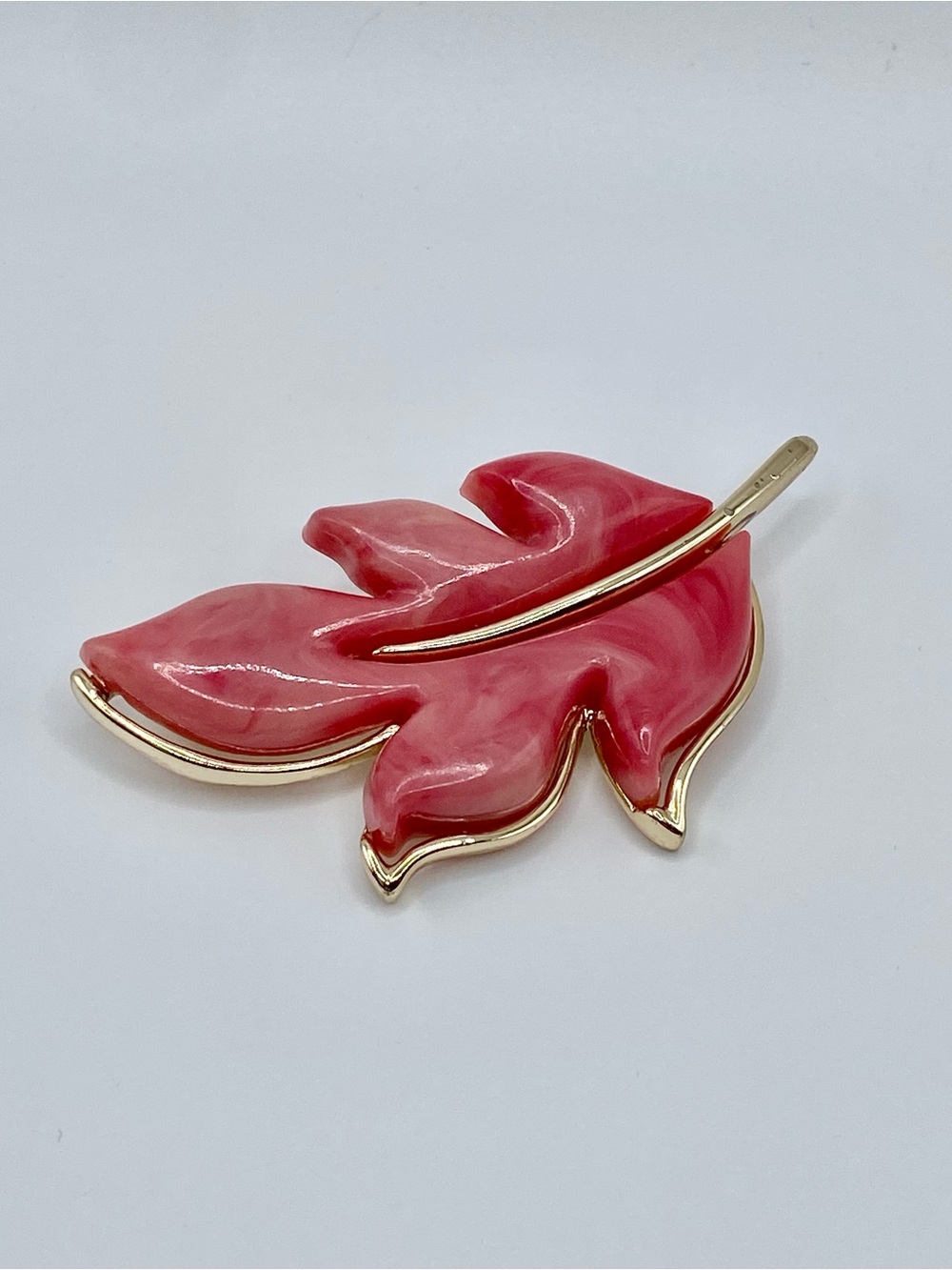 Fall Canadian theme Sarah Coventry Pink Enamel Leaf Brooch with Gold Trim Retro